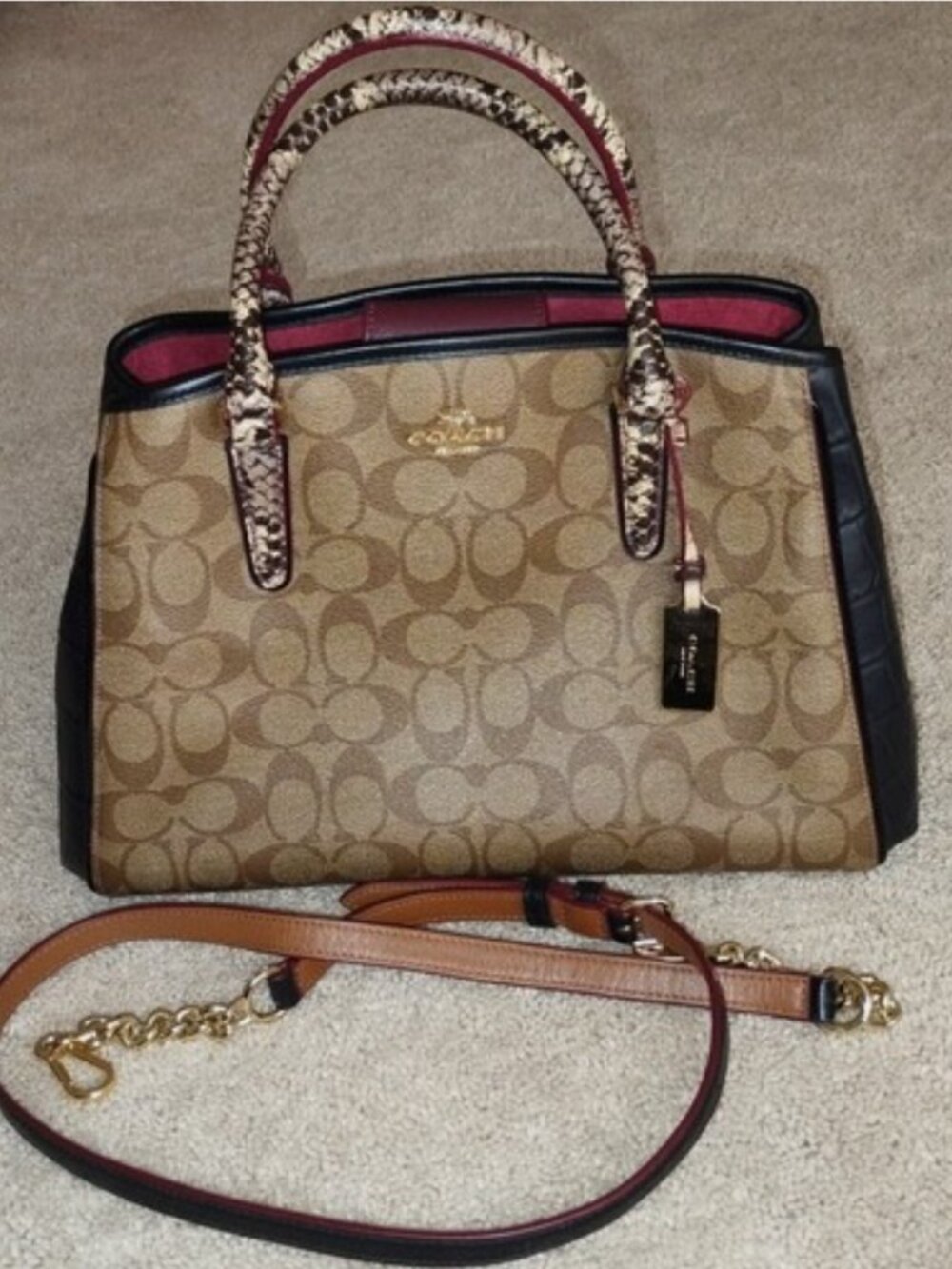 COACH MARGOT Embossed Snake Leather Signature Satchel Khaki/Black (VGUC)